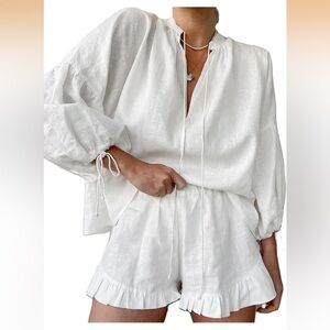White boho linen short set